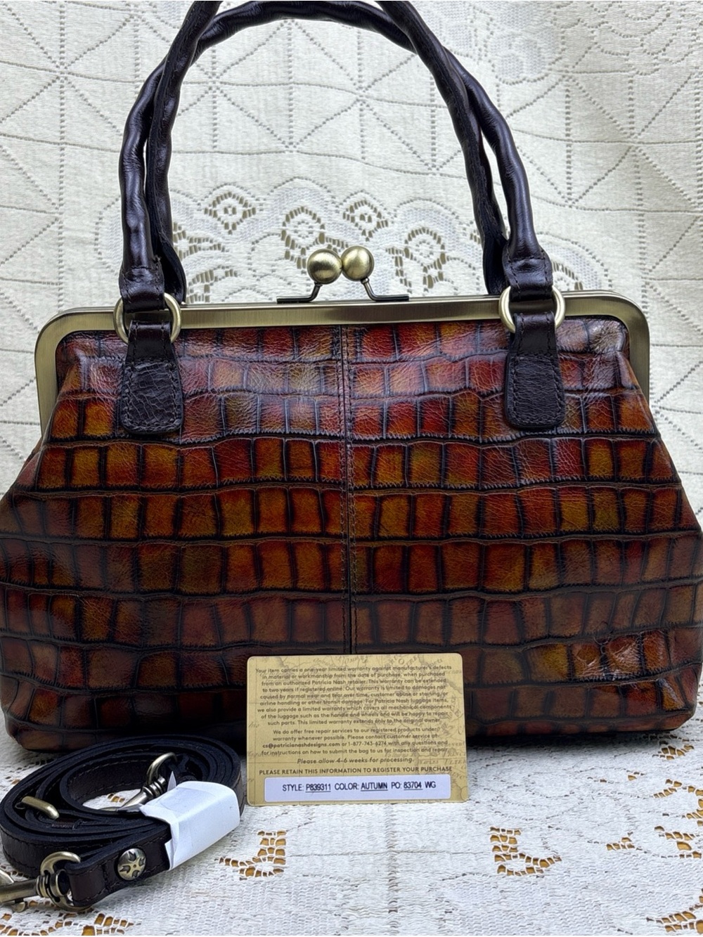 Patricia Nash Rosora Leather Kiss Lock Autumn Croco Crossbody Satchel